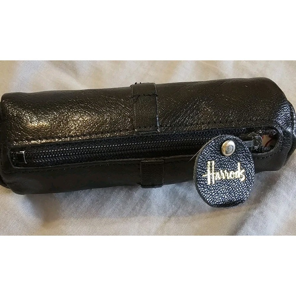 Harrod's VTG Black Leather Golf Ball Holder With 3 Queen Elizabeth 2 Golf Balls